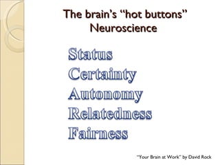 The brain’s “hot buttons” Neuroscience  “ Your Brain at Work” by David Rock  