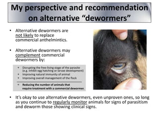My perspective and recommendation
on alternative “dewormers”
• Alternative dewormers are
not likely to replace
commercial anthelmintics.
• Alternative dewormers may
complement commercial
dewormers by:
+
+
+
=

Disrupting the free-living stage of the parasite
(e.g. inhibit egg hatching or larvae development)
Improving natural immunity of animal
Improving overall management of the flock
Reducing the number of animals that
require treatment with a commercial dewormer.

• It’s okay to use alternative dewormers, even unproven ones, so long
as you continue to regularly monitor animals for signs of parasitism
and deworm those showing clinical signs.

 