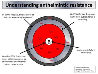 Understanding anthelmintic resistance
80-95% effective. Treatment
is effective, but resistance is
increasing.

95-100% effective. Small number of
resistant worms may be present.



Anthelmintic failure.
Animals die.
Less than 80%. Production
losses become apparent as
effectiveness of dewormer
moves closer to zero.
Adapted from Wormer
Resistance “The need for
change” Meat Promotion Wales

 