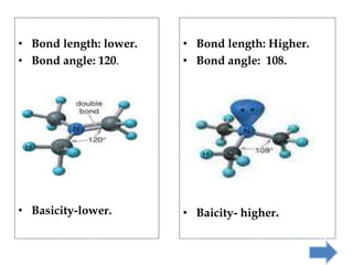 • Bond length: lower.
• Bond angle: 120.
• Basicity-lower.
• Bond length: Higher.
• Bond angle: 108.
• Baicity- higher.
 