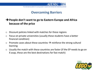 Overcoming Barriers

People don’t want to go to Eastern Europe and Africa
 because of the price

o Discount policies linked with matches for these regions
o Focus on private universities (usually these students have a better
  financial condition)
o Promote cases about these countries  reinforce the strong cultural
  learning
o Usually the match with these countries are faster (if the EP needs to go on
  X asap, these are the best destinations for fast match)
 