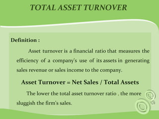 TOTAL ASSET TURNOVER 
Definition : 
Asset turnover is a financial ratio that measures the 
efficiency of a company's use of its assets in generating 
sales revenue or sales income to the company. 
Asset Turnover = Net Sales / Total Assets 
The lower the total asset turnover ratio , the more 
sluggish the firm's sales. 
 