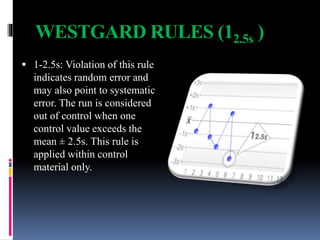 WESTGARD RULES (12.5s )
 1-2.5s: Violation of this rule
indicates random error and
may also point to systematic
error. The run is considered
out of control when one
control value exceeds the
mean ± 2.5s. This rule is
applied within control
material only.
 