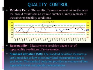 QUALITY CONTROL
 Random Error: The results of a measurement minus the mean
that would result from an infinite number of measurements of
the same repeatability conditions.
 Repeatability: Measurement precision under a set of
repeatability conditions of measurement
 Standard deviation (SD): The standard deviation measures a
test's precision or how close individual measurements are to
each other. The standard deviation provides an estimate of how
repeatable a test is at specific concentrations.
+ 3SD
+ 2SD
+ 1SD
Target
Mean
- 1SD
- 2SD
- 3SD19.2
20.2
21.2
22.2
23.2
24.2
25.2
Date
Levey Jennings Chart
 