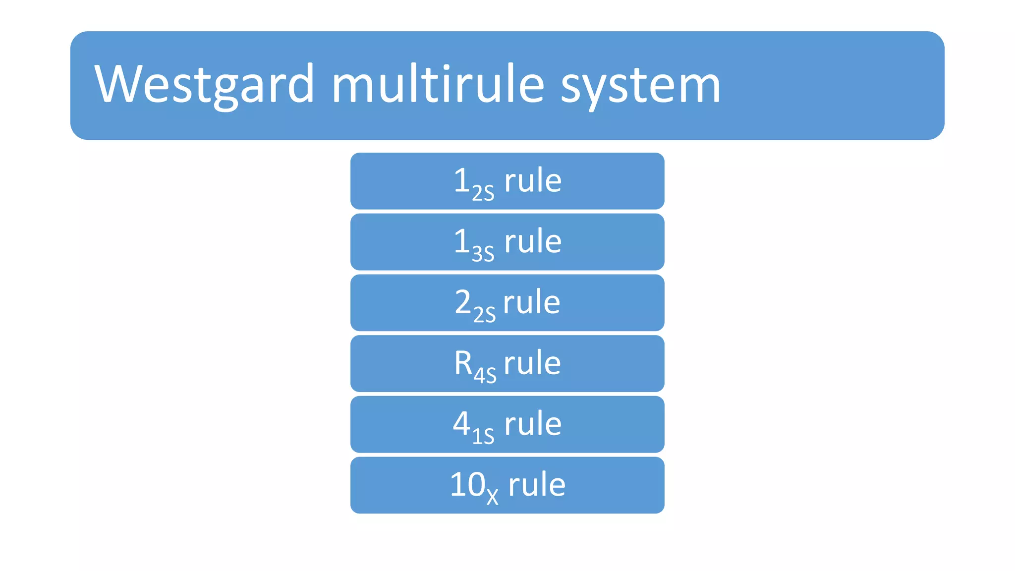 Westgard multirule system
12S rule
13S rule
22S rule
R4S rule
41S rule
10X rule
 