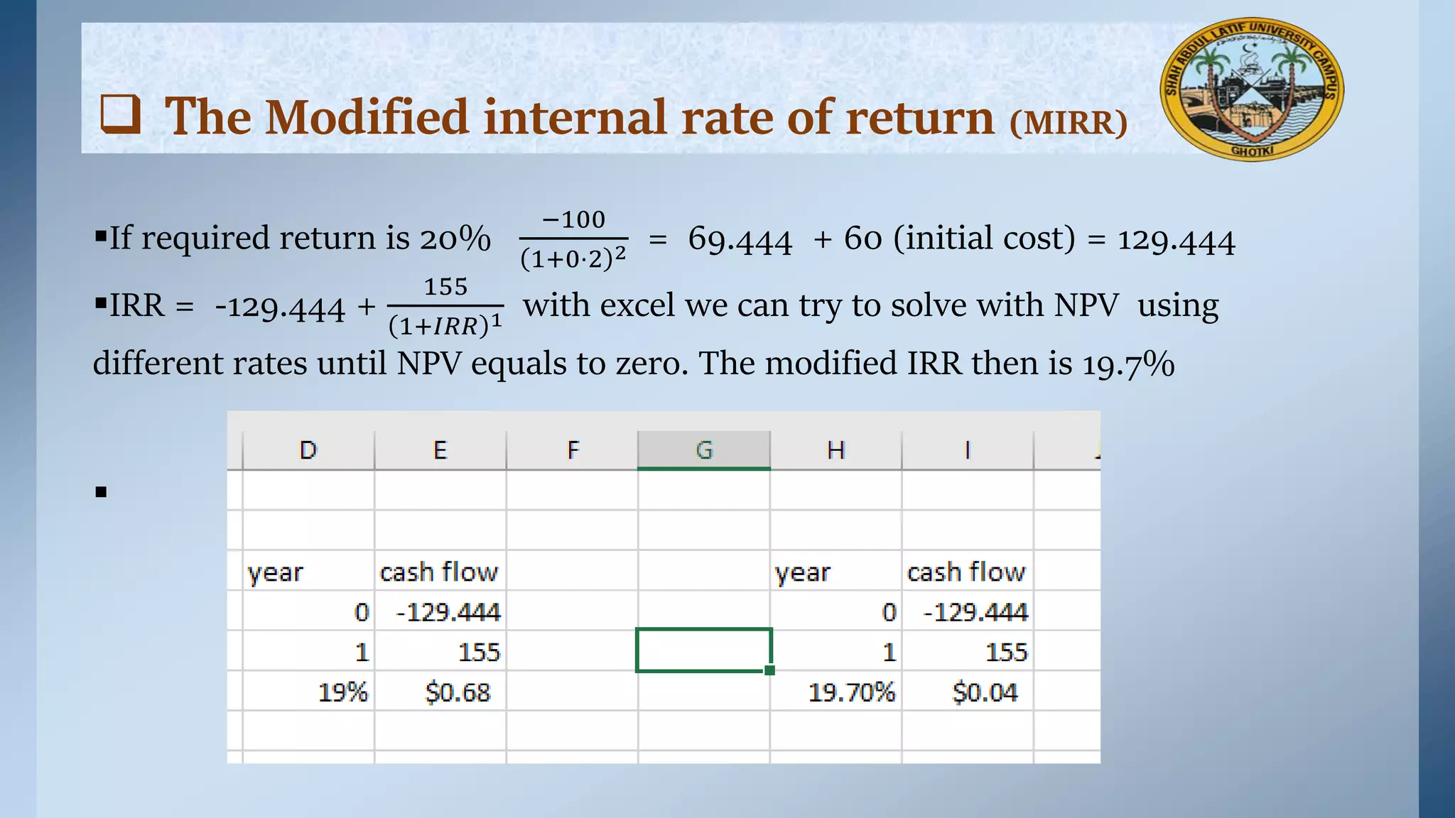 The Modified internal rate of return (MIRR)
If required return is 20%
−100
1+0⋅2 2 = 69.444 + 60 (initial cost) = 129.444
IRR = -129.444 +
155
1+𝐼𝑅𝑅 1 with excel we can try to solve with NPV using
different rates until NPV equals to zero. The modified IRR then is 19.7%

 