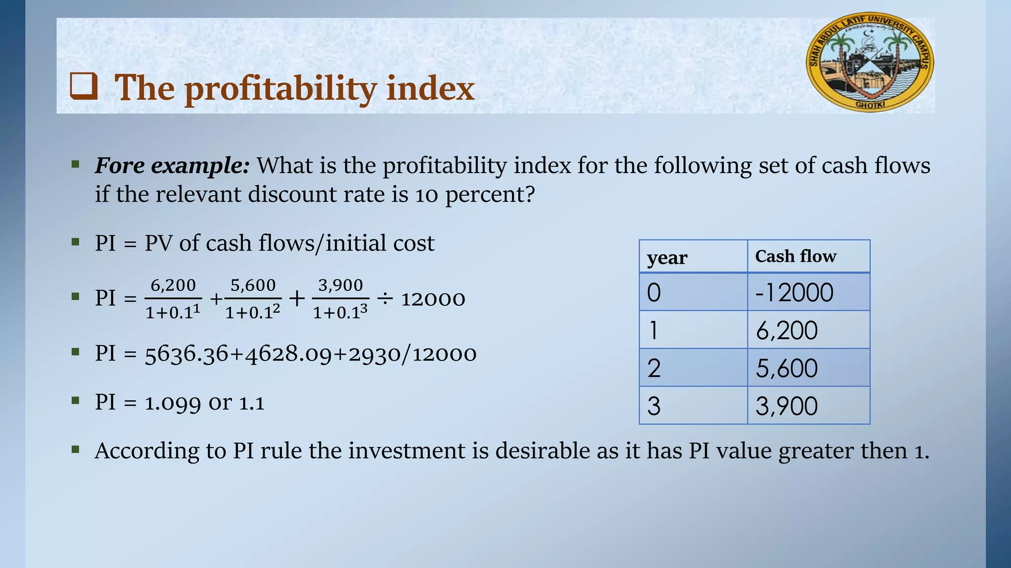  Fore example: What is the proﬁtability index for the following set of cash flows
if the relevant discount rate is 10 percent?
 PI = PV of cash flows/initial cost
 PI =
6,200
1+0.11 +
5,600
1+0.12 +
3,900
1+0.13 ÷ 12000
 PI = 5636.36+4628.09+2930/12000
 PI = 1.099 0r 1.1
 According to PI rule the investment is desirable as it has PI value greater then 1.
 The profitability index
year Cash flow
0 -12000
1 6,200
2 5,600
3 3,900
 