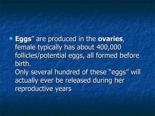 <ul><li>Eggs ” are produced in the  ovaries ,  female typically has about 400,000 follicles/potential eggs, all formed bef...