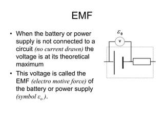 EMF 
• When the battery or power 
supply is not connected to a 
circuit (no current drawn) the 
voltage is at its theoretical 
maximum 
• This voltage is called the 
EMF (electro motive force) of 
the battery or power supply 
(symbol εo ). 
0  
V 
 