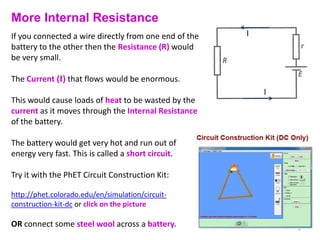 More Internal Resistance
If you connected a wire directly from one end of the   I
battery to the other then the Resistance (R) would
be very small.

The Current (I) that flows would be enormous.
                                                           I
This would cause loads of heat to be wasted by the
current as it moves through the Internal Resistance
of the battery.

The battery would get very hot and run out of
energy very fast. This is called a short circuit.

Try it with the PhET Circuit Construction Kit:

http://phet.colorado.edu/en/simulation/circuit-
construction-kit-dc or click on the picture

OR connect some steel wool across a battery.                   4
 
