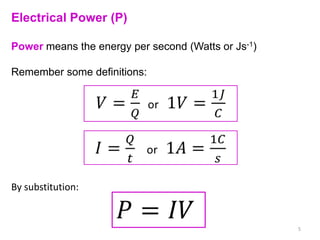 Electrical Power (P)

Power means the energy per second (Watts or Js-1)

Remember some definitions:




By substitution:


                                                    5
 