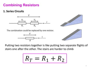 Combining Resistors
1. Series Circuits




 Putting two resistors together is like putting two separate flights of
 stairs one after the other. The stairs are harder to climb




                                                                     7
 