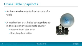 HBase Table Snapshots
• An inexpensive way to freeze state of a
table
• A mechanism that helps backup data to
in the cluster or to a remote cluster
• Recover from user error
• Bootstrap Replication
HBaseCon 2013 6/13/20134
 