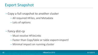 Export Snapshot
• Copy a full snapshot to another cluster
• All required HFiles, and Metadata
• Lots of options
• Fancy dist-cp
• Must resolve HFileLinks
• Faster than CopyTable or table export+import!
• Minimal impact on running cluster
HBaseCon 2013 6/13/201342
 