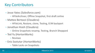 Key Contributors
• Jesse Yates (Salesforce.com)
• HFileArchiver, Offline Snapshot, first draft online
• Matteo Bertozzi (Cloudera)
• HFileLink, Restore, clone, Testing, 0.94 backport
• Jonathan Hsieh (Cloudera)
• Online Snapshots revamp, Testing, Branch Sheppard
• Ted Yu (HortonWorks)
• Reviews
• Enis Soztutar (HortonWorks)
• Table Locks on Snapshots
HBaseCon 2013 6/13/201360
 
