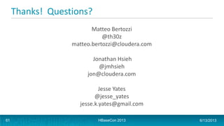 Thanks! Questions?
Matteo Bertozzi
@th30z
matteo.bertozzi@cloudera.com
Jonathan Hsieh
@jmhsieh
jon@cloudera.com
Jesse Yates
@jesse_yates
jesse.k.yates@gmail.com
HBaseCon 2013 6/13/201361
 