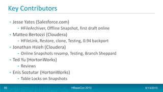 Key Contributors
• Jesse Yates (Salesforce.com)
• HFileArchiver, Offline Snapshot, first draft online
• Matteo Bertozzi (C...
