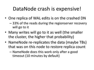 DataNode crash is expensive!
• One replica of WAL edits is on the crashed DN
– 33% of the reads during the regionserver recovery
will go to it
• Many writes will go to it as well (the smaller
the cluster, the higher that probability)
• NameNode re-replicates the data (maybe TBs)
that was on this node to restore replica count
– NameNode does this work only after a good
timeout (10 minutes by default)
 