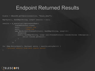 Endpoint Returned Results
htable = HBaseDB.getTable(connection, “hbase_demo");
Map<byte[], HashMap<String, Long>> results = null;
results = m_analytics.coprocessorExec(
TrendsProtocol.class,
null, //start row
null, //end row
new Batch.Call<TrendsProtocol, HashMap<String, Long>>(){
@Override
public HashMap<String, Long> call(TrendsProtocol trends)throws IOException {
return trends.getData();
}
}
);
for (Map.Entry<byte[], Boolean> entry : results.entrySet()) {
//process results from each region server
}
 