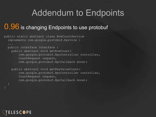 Addendum to Endpoints
0.96 is changing Endpoints to use protobuf
public static abstract class RowCountService
implements com.google.protobuf.Service {
...
public interface Interface {
public abstract void getRowCount(
com.google.protobuf.RpcController controller,
CountRequest request,
com.google.protobuf.RpcCallback done);
public abstract void getKeyValueCount(
com.google.protobuf.RpcController controller,
CountRequest request,
com.google.protobuf.RpcCallback done);
}
}
 