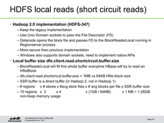 © Hortonworks Inc. 2011
HDFS local reads (short circuit reads)
• Hadoop 2.0 implementation (HDFS-347)
– Keep the legacy im...