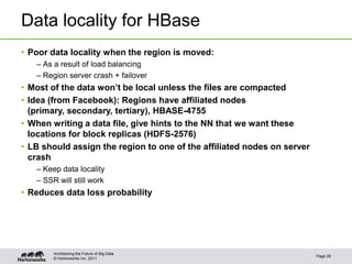 © Hortonworks Inc. 2011
Data locality for HBase
• Poor data locality when the region is moved:
– As a result of load balancing
– Region server crash + failover
• Most of the data won’t be local unless the files are compacted
• Idea (from Facebook): Regions have affiliated nodes
(primary, secondary, tertiary), HBASE-4755
• When writing a data file, give hints to the NN that we want these
locations for block replicas (HDFS-2576)
• LB should assign the region to one of the affiliated nodes on server
crash
– Keep data locality
– SSR will still work
• Reduces data loss probability
Page 29
Architecting the Future of Big Data
 
