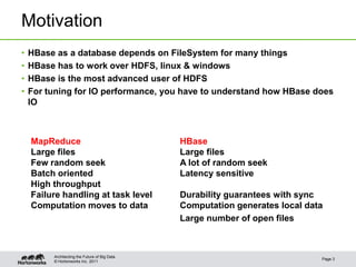 © Hortonworks Inc. 2011
Motivation
• HBase as a database depends on FileSystem for many things
• HBase has to work over HDFS, linux & windows
• HBase is the most advanced user of HDFS
• For tuning for IO performance, you have to understand how HBase does
IO
Page 3
Architecting the Future of Big Data
MapReduce
Large files
Few random seek
Batch oriented
High throughput
Failure handling at task level
Computation moves to data
HBase
Large files
A lot of random seek
Latency sensitive
Durability guarantees with sync
Computation generates local data
Large number of open files
 