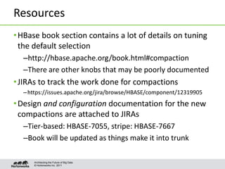 © Hortonworks Inc. 2011
Resources
•HBase book section contains a lot of details on tuning
the default selection
–http://hb...