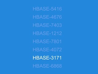 HBASE-5416
HBASE-4676
HBASE-7403
HBASE-1212
HBASE-7801
HBASE-4072
HBASE-3171
HBASE-6868
 