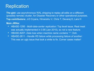 Replication
The gist: use asynchronous WAL shipping to replay all edits on a different
(possibly remote) cluster, for Disaster Recovery or other operational purposes.
Main JIRAs:
• HBASE-1295 - Multi-data-center replication: Top level issue. Real meat
was actually implemented in 0.90 (Jan 2010), so not a new feature.
• HBASE-8207- Data loss when machine name contains "-". Doh.
• HBASE-2611 - Handle RS failure while processing failure of another:
This was an ugly issue that took a while to fix. Corner cases matter!
Top contributors: J-D Cryans, Himanshu V, Chris T, Devaraj D, Lars H
 