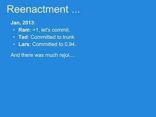 Reenactment ...
Jan, 2013:
• Ram: +1, let's commit.
• Ted: Committed to trunk
• Lars: Committed to 0.94.
And there was much rejoi....
 