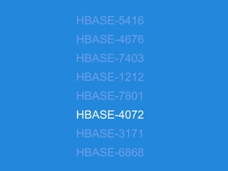 HBASE-5416
HBASE-4676
HBASE-7403
HBASE-1212
HBASE-7801
HBASE-4072
HBASE-3171
HBASE-6868
 