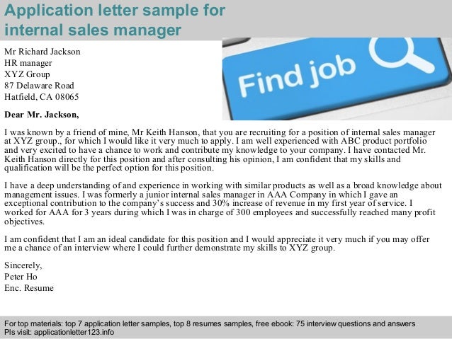 Internal sales manager application letter