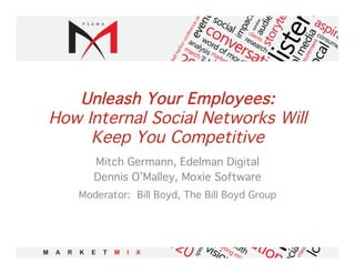 Unleash Your Employees:
How Internal Social Networks Will
     Keep You Competitive!
      Mitch Germann, Edelman Digital!
      Dennis O’Malley, Moxie Software!
   Moderator: Bill Boyd, The Bill Boyd Group!
 