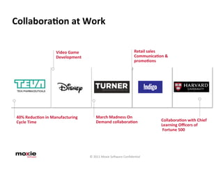 Collabora9on	
  at	
  Work	
  

                           Video	
  Game	
                                             Retail	
  sales	
  	
  
                           Development	
                                               Communica9on	
  &	
  	
  
                                                                                       promo9ons	
  




 40%	
  Reduc9on	
  in	
  Manufacturing	
           March	
  Madness	
  On	
  
 Cycle	
  Time	
                                    Demand	
  collabora9on	
  	
                         Collabora9on	
  with	
  Chief	
  
 	
                                                 	
  	
                                               Learning	
  Oﬃcers	
  of	
  
                                                                                                         	
  Fortune	
  500	
  




                                               ©	
  2011	
  Moxie	
  Sogware	
  Conﬁden5al	
  
 