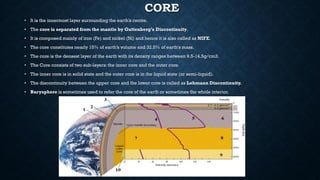 CORE
• It is the innermost layer surrounding the earth’s centre.
• The core is separated from the mantle by Guttenberg’s Discontinuity.
• It is composed mainly of iron (Fe) and nickel (Ni) and hence it is also called as NIFE.
• The core constitutes nearly 15% of earth’s volume and 32.5% of earth’s mass.
• The core is the densest layer of the earth with its density ranges between 9.5-14.5g/cm3.
• The Core consists of two sub-layers:the inner core and the outer core.
• The inner core is in solid state and the outer core is in the liquid state (or semi-liquid).
• The discontinuity between the upper core and the lower core is called as Lehmann Discontinuity.
• Barysphere is sometimes used to refer the core of the earth or sometimes the whole interior.
 