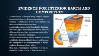 EVIDENCE FOR INTERIOR EARTH AND
COMPOSITION
• The structure of Earth's deep interior cannot
be studied directly. But geologists use
seismic (earthquake) waves to determine the
depths of layers of molten and
semi-molten material within Earth. Because
different types of earthquake waves behave
differently when they encounter material in
different states (for example,
molten, semi-molten, solid), seismic stations
established around Earth detect and record
the strengths of the different types of waves
and the directions from which
they came. Geologists use these records to
establish the structure of Earth's interior.
 