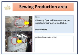 Sewing Production area
Issue:
# Weekly Goal achievement are not
updated maximum at end table.
Found line: F8
Action plan with time line:
 