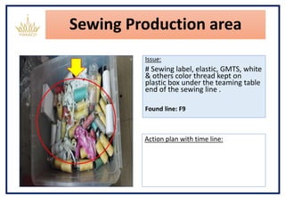Sewing Production area
Issue:
# Sewing label, elastic, GMTS, white
& others color thread kept on
plastic box under the teaming table
end of the sewing line .
Found line: F9
Action plan with time line:
 