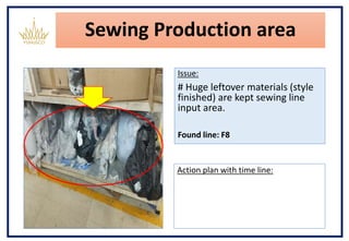 Sewing Production area
Issue:
# Huge leftover materials (style
finished) are kept sewing line
input area.
Found line: F8
Action plan with time line:
 