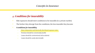 Concepts in Insurance
4. Conditions for insurability
• Risk exposures should meet conditions to be insurable (in a private market)
• The further they diverge from the conditions, the less insurable they become
• 4 conditions for insurability
o Many independent and identically distributed exposure units
o Premium should be economically feasible
o Losses should be unintentional and accidental
o Losses should be easily determinable
 