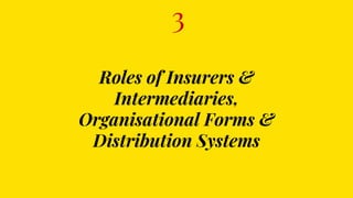 Roles of Insurers &
Intermediaries,
Organisational Forms &
Distribution Systems
3
 