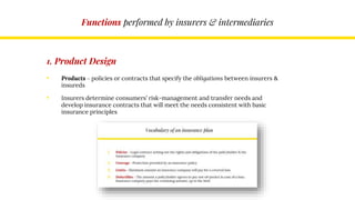 Functions performed by insurers & intermediaries
1. Product Design
• Products – policies or contracts that specify the obligations between insurers &
insureds
• Insurers determine consumers’ risk-management and transfer needs and
develop insurance contracts that will meet the needs consistent with basic
insurance principles
 