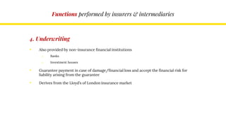 Functions performed by insurers & intermediaries
4. Underwriting
• Also provided by non-insurance financial institutions
o Banks
o Investment houses
• Guarantee payment in case of damage/financial loss and accept the financial risk for
liability arising from the guarantee
• Derives from the Lloyd’s of London insurance market
 