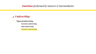 Functions performed by insurers & intermediaries
4. Underwriting
• Types of underwriting
o Securities underwriting
o Bank underwriting
o Insurance underwriting
 