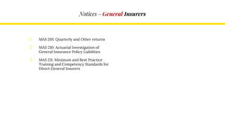 Notices – General Insurers
1. MAS 201: Quarterly and Other returns
2. MAS 210: Actuarial Investigation of
General Insurance Policy Liabilities
3. MAS 211: Minimum and Best Practice
Training and Competency Standards for
Direct General Insurers
 