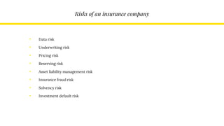 Risks of an insurance company
• Data risk
• Underwriting risk
• Pricing risk
• Reserving risk
• Asset liability management risk
• Insurance fraud risk
• Solvency risk
• Investment default risk
 