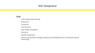 Risk Management
• Scope
o Underwriting and provisioning
o Reinsurance
o Investments
o Concentrations
o Asset–liability management
o Derivatives
o Liquidity management
o Business and operational strategies and processes (including business continuity planning and
outsourcing)
 