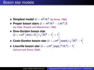 Boson star models
Simplest model U = m2|Φ|2 (by Kemp, 1986)
Proper boson stars U = m2|Φ|2 − λ|Φ|4/2
(by Colpi, Sharpio and Wasserman, 1986)
Sine-Gordon boson star
U = αm2 sin(π/2 β |Φ|2 − 1 + 1
Cosh-Gordon boson star U = αm2 cosh(β |Φ|2 − 1
Liouville boson star U = αm2 exp(β2|Φ|2) − 1
(Schunk and Torres, 2000)
Jürgen Riedel & Betti Hartmann Supersymmetric Q-balls and boson stars in (d + 1) dimensions
 
