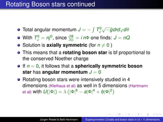 Rotating Boson stars continued
Total angular momentum J = − T0
ϕ
√
−gdrdϕdθ
With T0
ϕ = nj0, since ∂Φ
∂φ = i nΦ one ﬁnds: J = nQ
Solution is axially symmetric (for n = 0 )
This means that a rotating boson star is bf proportional to
the conserved Noether charge
If n = 0, it follows that a spherically symmetric boson
star has angular momentum J = 0
Rotating boson stars were intensively studied in 4
dimensions (Kleihaus et al) as well in 5 dimensions (Hartmann
et al) with U(|Φ|) = λ |Φ|6 − a|Φ|4 + b|Φ|2
Jürgen Riedel & Betti Hartmann Supersymmetric Q-balls and boson stars in (d + 1) dimensions
 